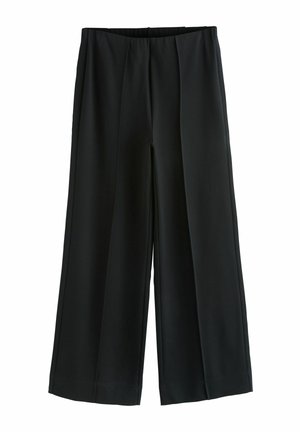 Black wide-leg trousers with a high waist and clean front pleats, made from smooth fabric, displayed on a white background.