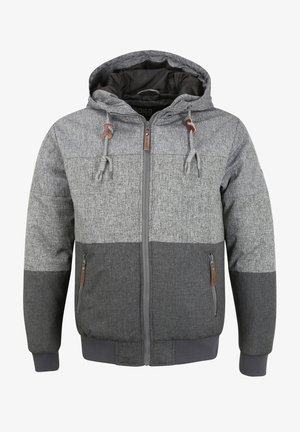 Graue Kapuzenjacke mit strukturiertem Stoff, zweifarbigem Design, Front-Reißverschluss, verstellbaren Kordeln und einer seitlichen Reißverschlusstasche.