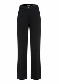 Un pantalon noir au design droit, fabriqué en tissu lisse, avec une fermeture à bouton à l'avant et de subtils poches latérales.