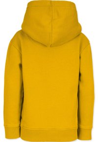 Gul hoodie med bakvy, som har en känguruficka, ribbade mudd och ett mjukt, texturerat tyg. Inkluderar en justerbar huva.