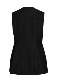 Černá bezrukávová halenka s přiléhavým pasem a mírně rozšířeným lemem, zobrazena zezadu na bílém pozadí.