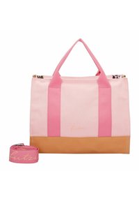 Roze canvas tote met roze handvatten en een beige basis. Inclusief een bijpassende strap met logo. Heeft een ritssluiting en een decoratieve binnenkant.