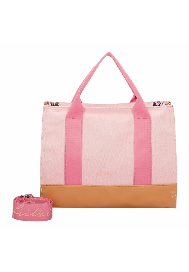 Roze canvas tote met roze handvatten en een beige basis. Inclusief een bijpassende strap met logo. Heeft een ritssluiting en een decoratieve binnenkant.