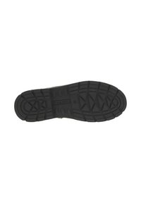 Semelle de chaussure en caoutchouc noir avec un motif texturé et des rainures profondes pour une adhérence accrue, un centre renforcé et un logo de marque en relief.