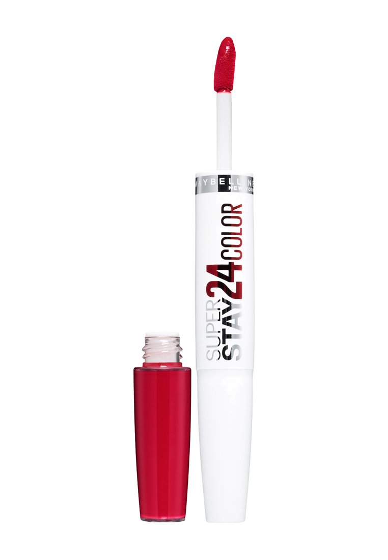 Rossetto liquido rosso in un tubo trasparente con un'applicatore bianco. Il testo dice "Super Stay 24 Color." Finitura lucida, applicatore appuntito per un'applicazione precisa.
