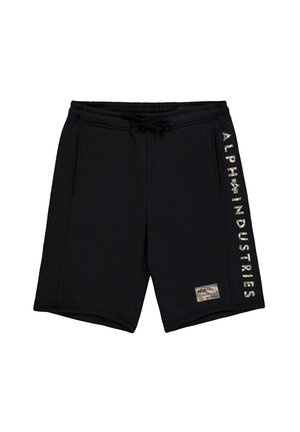 Shorts noirs en tissu mélangé coton avec des coutures décoratives, deux poches sur les côtés et le texte en gras "ALPHA INDUSTRIES" sur la jambe gauche.