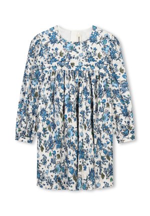 Bloemige jurk met een witte achtergrond en blauwe en groene bloemen, lange mouwen, geplisseerde rok en een ronde halslijn.
