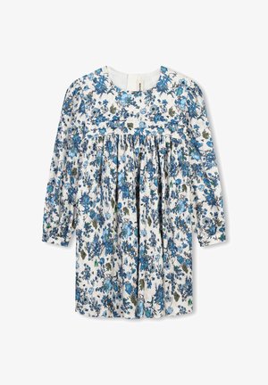 Robe florale avec un fond blanc parsemé de fleurs bleues et vertes, à manches longues, jupe froncée et encolure ronde.