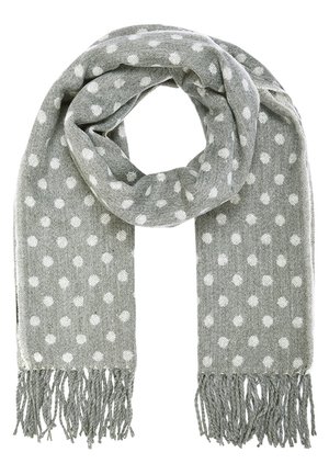 Szary szalik w białe kropki, przewiązany w środku, z frędzlami na końcach i miękką, dzianinową teksturą.
