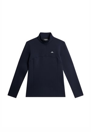 Navy quarter-zip pullover made of soft fabric with long sleeves, featuring a slight texture and a small white logo on the chest.