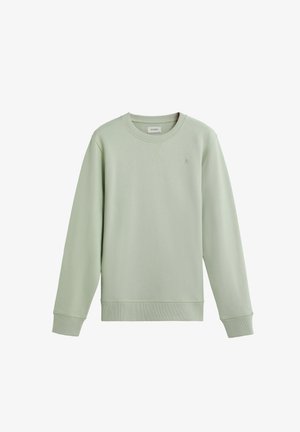 Hellgrüner Sweatshirt aus weichem Baumwollmaterial. Verfügt über einen Rundhalsausschnitt, lange Ärmel, gerippte Bündchen und ein kleines Logodesign auf der Vorderseite.