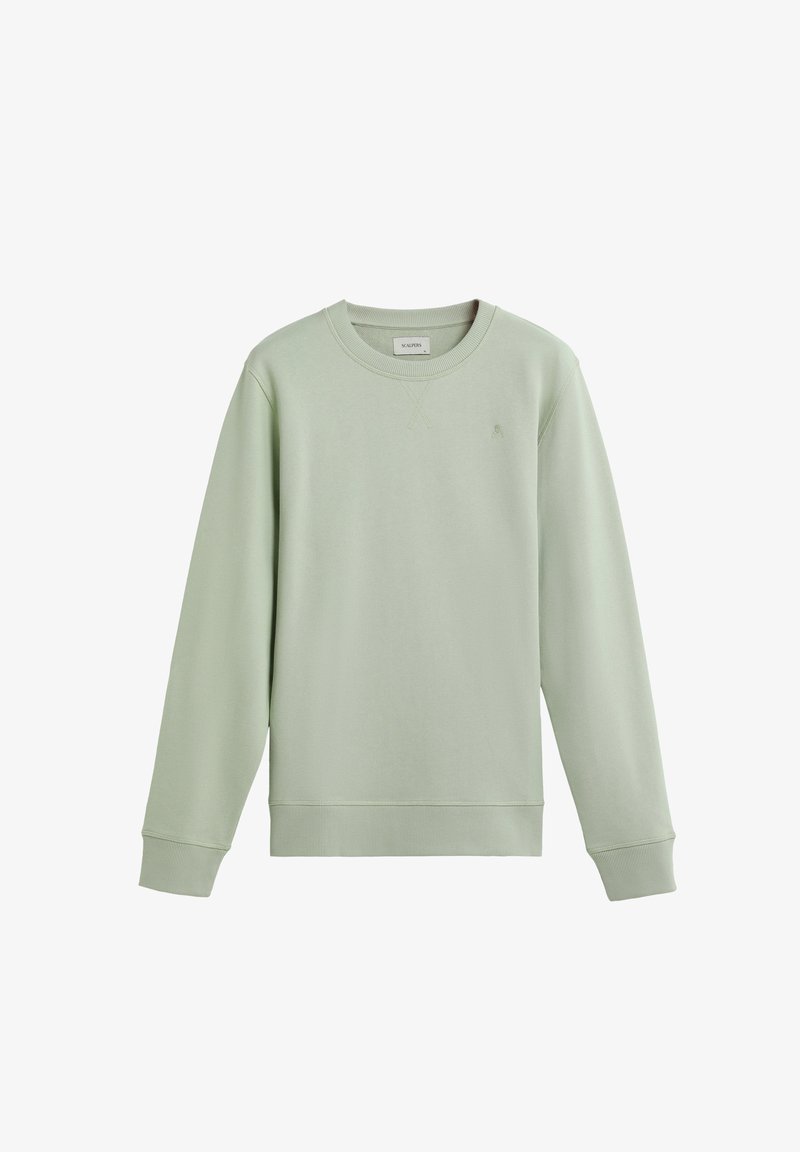 Sweatshirt vert clair en coton doux. Il présente un col rond, des manches longues, des poignets côtelés et un petit logo sur le devant.
