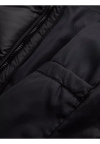 Giubbotto imbottito nero che mostra una texture liscia, chiusura a zip e dettagli cuciti sulle maniche, evidenziando un design elegante e moderno.