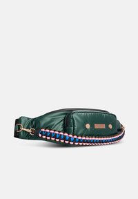Donkergroene gewatteerde heuptas met zwarte, blauwe en roze geweven riem en goudkleurige hardware tegen een witte achtergrond.