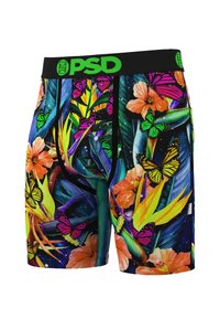 Fargerike herreboxershorts med et livlig tropisk mønster av blomster og sommerfugler, med svart midjebånd og grønn logodetalj.