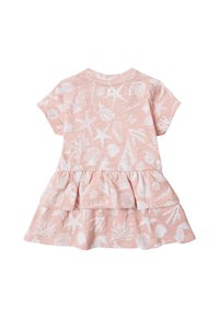 Rosa Kurzarmkleid mit schichteter Rock, verziert mit weißen meeresbezogenen Mustern wie Muscheln und Seesternen auf einem strukturierten Baumwollstoff.