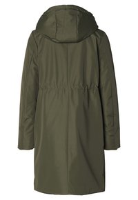 Olivengrøn hættejakke med indsnøring i taljen og lange ærmer. Glat, tekstureret stof med en mellemlang pasform og minimalistisk design.