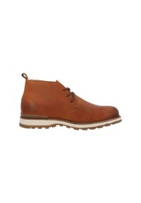 Braune Leder-Stiefelette mit glatter Oberfläche, runder Zehenpartie, Leder-Schnürsenkeln und einer kontrastierenden weißen Gummisohle. Verfügt über eine Zuglasche an der Ferse.