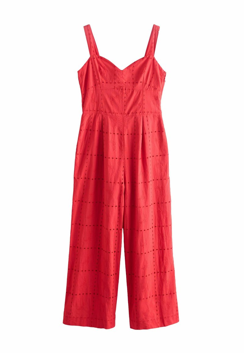 Röd ärmlös jumpsuit med en figurnära bodice, vida ben och broderade fyrkantiga mönster. Slätt bomullstyg med en strukturerad silhuett.