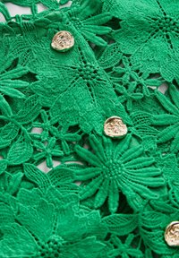 Lacée verte brodée avec des motifs floraux et des détails texturés, agrémentée de boutons décoratifs en ton doré.