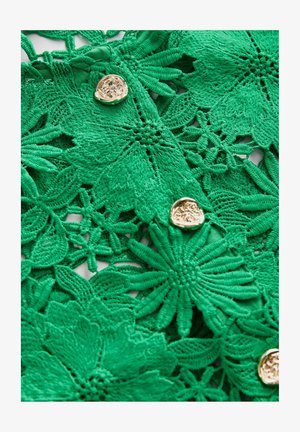 Grüne gestickte Spitze mit floralen Mustern und strukturierten Details, ergänzt durch goldfarbene Dekorationsknöpfe.