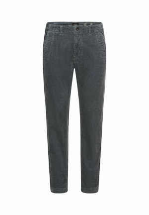Rippenhose in Dunkelgrau mit einer strukturierten Oberfläche, gerade Beinform, frontale Taschen und einem Knopfverschluss. Verfügt über ein minimalistisches Design.
