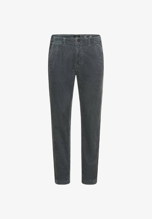 Rippenhose in Dunkelgrau mit einer strukturierten Oberfläche, gerade Beinform, frontale Taschen und einem Knopfverschluss. Verfügt über ein minimalistisches Design.