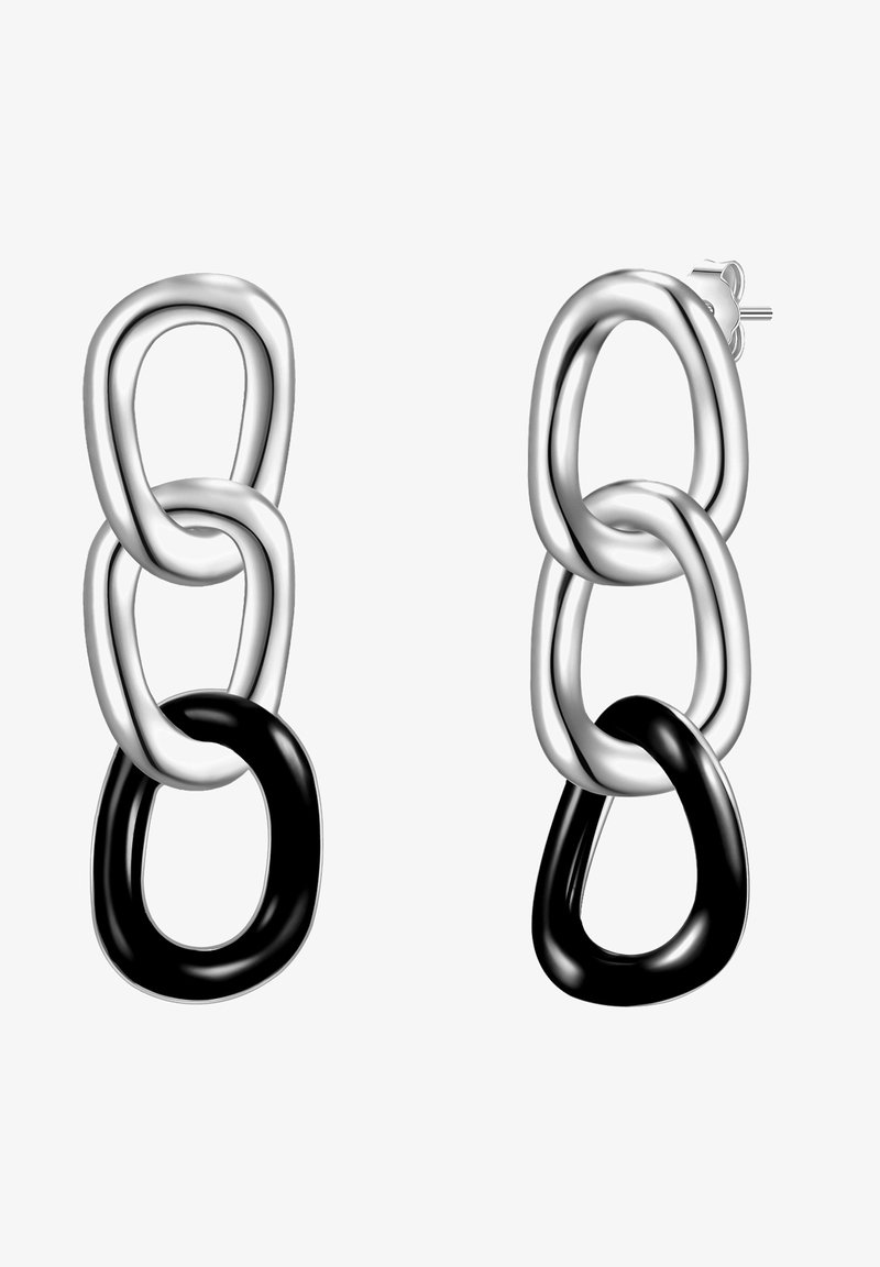 Sudraba un melnas metāla auskari ar savstarpēji savienotiem ovālas un apļveida formām, ar gludu, spīdīgu apdari un slāņveida dizainu.