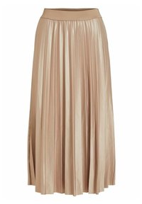 Jupe midi plissée en beige clair, avec une texture lisse et brillante et une taille élastique pour le confort. Convient à diverses occasions.