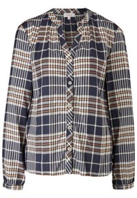 Chemisier boutonné pour femmes à manches longues avec un motif à carreaux bleu marine, marron et blanc, et un col froncé.