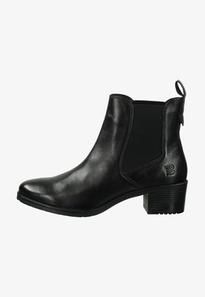 Schwarze Leder-Stiefelette mit elastischen seitlichen Einsätzen, runder Zehenpartie und schmalem Blockabsatz. Verfügt über eine strukturierte Schlaufe auf der Rückseite und ein Logo-Detail.