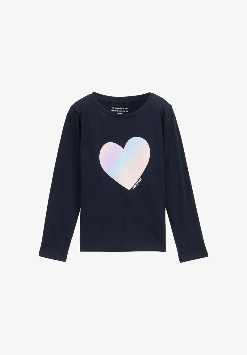 Langärmliges navy-blaues Hemd aus Baumwolle mit einem schimmernden Herz-Graphic auf der Vorderseite und Rundhalsausschnitt.