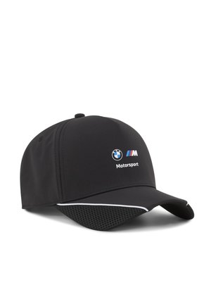 Črna kapa z gladkim materialom, ki prikazuje logo BMW in besedilo "Motorsport". Ščitnik proti soncu vsebuje teksturiran detajl z belim obrobjem.