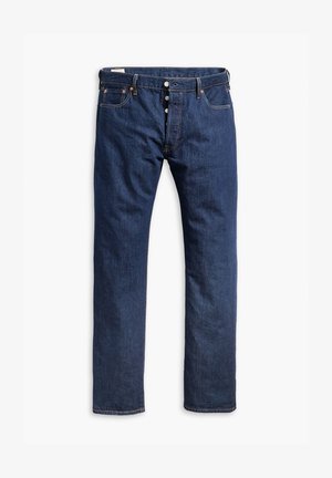 Jeans in denim blu scuro con design a gamba dritta, cuciture a contrasto, chiusura con bottone e stile a cinque tasche.