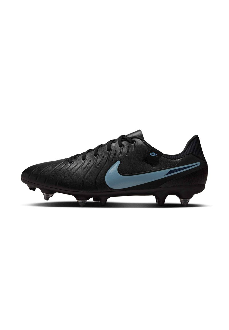 Black Nike football cleat with a textured upper, featuring a light blue Swoosh, six studs on the outsole, and a lace-up closure.