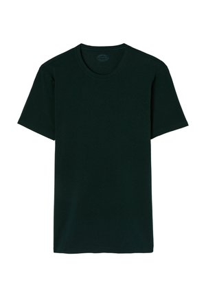 Donkergroene, korte mouwen T-shirt van katoen. Heeft een ronde halslijn en een ontspannen pasvorm. Soepele textuur, geen patronen of grafische elementen.
