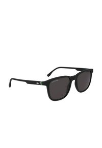 Ochelari de soare dreptunghiulari negri, cu lentile întunecate, finisaj mat și brand Lacoste. Prezintă un accent verde pe bratele negre.