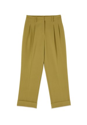 Kalhoty s vysokým pasem v olivově zelené barvě s řasami, poutky na pásek, manžetami a skrytým předním zapínáním.