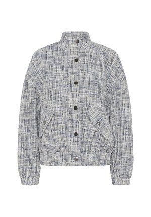 Knopfjacke mit Textur und hohem Kragen, elastischen Bündchen und zwei Druckknopf-Taschenklappen in einem gemischten grau-weißen-blauen Schottenmuster.