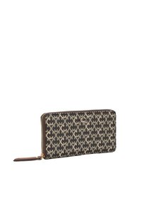 Portafoglio zip-around realizzato in tessuto stampato in marrone scuro e beige con un accento dorato, dotato di una tracolla per un facile trasporto.