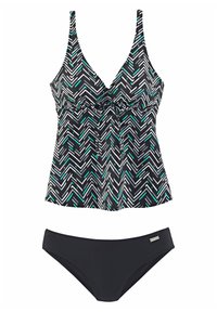 Zwarte zwemtop met een zigzagpatroon in wit en teal, met een geplooid middenstuk en verstelbare bandjes, gecombineerd met eenvoudige zwarte bikini-onderdelen.