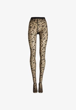 Svarta blommiga spetsstrumpbyxor med en genomskinlig beige bas, med intrikata rosor och en svart midjeresår; kroppsnära design.