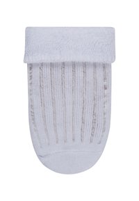 Light blue ankle sock with a textured, ribbed design and a soft, plush cuff. Smooth material with a slightly sheer body and rounded toe.