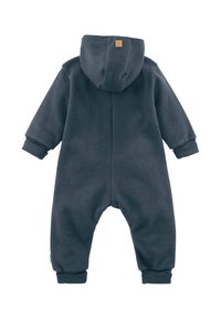 Donkergrijze fleece onesie met een capuchon, met lange mouwen, ribgebreide boorden en een klein logo-opdruk op de achterkant. Soepele textuur.