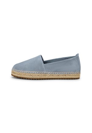 Hellblauer Espadrille-Schuh aus Wildleder mit gewebter Jute-Sohle und Gummiprofil, Schlupf-Stil, seitliche Ansicht auf weißem Hintergrund.