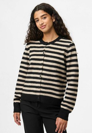 Striped cardigan in black and beige, featuring a round neck, front buttons, and ribbed cuffs. Soft texture with a relaxed fit.