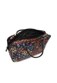 Laptop-Tasche mit einem bunten Blumen- und Tiermotiv auf schwarzem Hintergrund, mit einem Reißverschluss und zwei robusten schwarzen Tragegriffen.