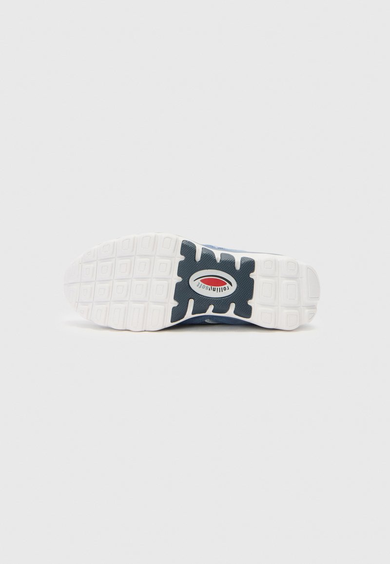 Weiße und marineblaue Sneaker-Sohle mit einem strukturierten quadratischen Muster und einem "rollinsoft"-Logo in der Mitte.