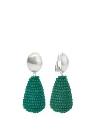Green beaded earrings with teardrop shape. Silver circular posts and lever-back closure, featuring textured surface and a vibrant, clustered design.