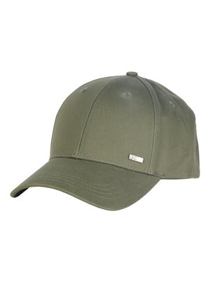 Casquette de baseball olive à six panneaux avec une visière courbée et un petit logo rectangulaire argenté sur le panneau avant gauche.